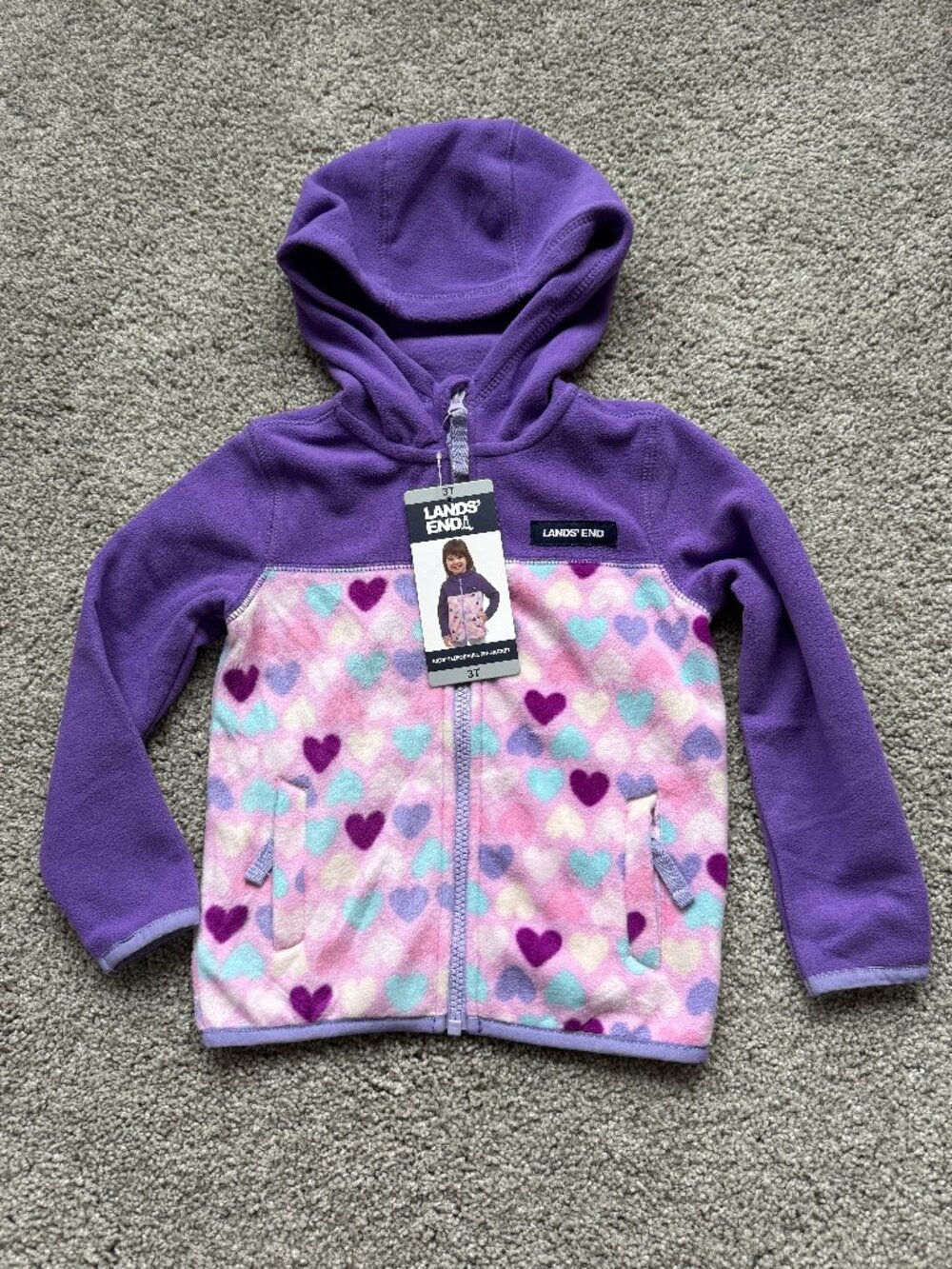 LANDS’ END Jacket, hoodie fleece, lilac & pink w/ hearts, full zipper, NWT